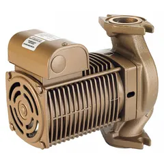 This general-purpose inline circulator pump is designed for potable water systems in closed-loop hydronic heating or cooling applications. It features bronze construction, flange connections, and a 120V AC motor. The pump delivers up to 84 gpm flow with a maximum head of 36 ft and has an 8 1/2 in face-to-face dimension. No volute is included.
