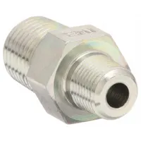 Rigid, straight steel adapter with male NPTF threads on both ends. Used to connect hydraulic hoses or components requiring a leak-resistant seal in fluid power systems. Fitting size: 1/4 in x 1/8 in