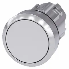 Flush-mount push-button operator from the 3SU series with a 22 mm mounting diameter. Maintained-action mechanism provides sustained contact for control panel applications. Metallic construction suited for environments requiring reduced panel protrusion.