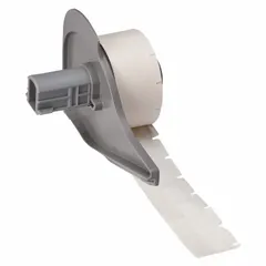 Precut wraparound label roll for wire and cable identification. White matte vinyl material sized 3/4 in x 1/2 in, suitable for 16 AWG to 10 AWG wire gauge. Compatible with M710 printer series; requires M7-R4300 ribbon for printing.