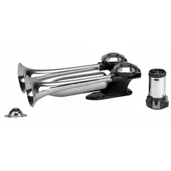 Chrome-plated silver air-powered horn kit designed for trucks. Includes flexible inlet hose for installation. Provides a high-tone warning signal suitable for heavy-duty vehicle applications.