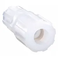 This PFA compression fitting union connects two tubes of different outer diameters, 3/8 in and 1/4 in, with compression connections on both ends. Made from PFA and FDA approved, it is suited for sanitary fluid systems requiring high purity and corrosion resistance