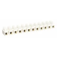 This 12-pole insulated surface mount barrier strip accepts wire sizes from 22 AWG to 10 AWG and is rated for a maximum current of 35 A. It is designed for organizing and securing wire connections in control panels, power distribution, and electrical enclosures. No cover is included.