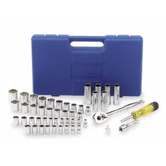 This 51-piece socket set includes 12-point and 6-point deep sockets in both SAE and Metric sizes, with a 3/8 in drive. The set covers a range from 4 mm to 19 mm and is suited for tightening and loosening fasteners in automotive repair, machinery maintenance, and general industrial assembly.