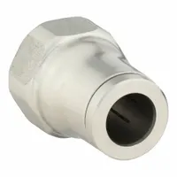 Metric x push-to-connect stainless steel tube fitting. Connects 5 mm pipe to 6 mm OD tubing. M5 thread size A. Suitable for pneumatic and fluid handling systems in industrial automation and instrumentation