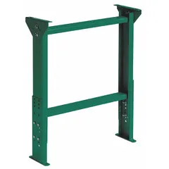 This permanent mount H-style conveyor support stand is constructed from steel with a green finish. It is designed for a 55-inch between-frame width and provides a minimum height of 12 1/4 inches. Used to support belt or roller conveyors in material handling applications.