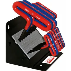 T-shaped hex key set with 18 pieces, including both Metric and SAE sizes. Features standard-end tips and a black finish. Supplied in a pouch for storage. Suitable for tightening or loosening hex socket screws and bolts in industrial maintenance, assembly, and repair applications.