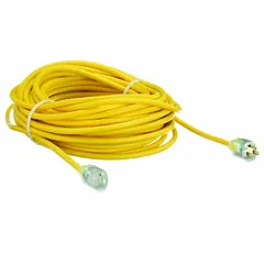 This outdoor extension cord features a single outlet with NEMA 5-15P plug, 12/3 SJTOW construction, and a 100 ft length. Rated for 125V AC, it operates in temperatures from -58° to 194°F, suitable for powering tools and equipment in outdoor environments such as construction sites and industrial facilities.