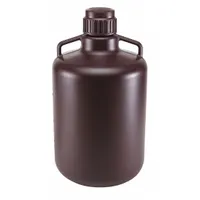 This 20 L round carboy features an amber body that blocks UV light, suitable for storing and transporting light-sensitive liquids. It includes a screw-on cap with 83 mm closure size and two handles for safe handling. The closure is included