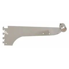 This heavy-duty steel tubing bracket is designed for hanging display applications with single slotted standards. It features a chrome finish, 1-inch slot spacing, and 1/2-inch slot length. Includes a nylon stabilizer. Dimensions: 1/8 in x 12 in x 3 in.