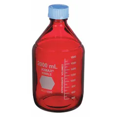 Amber glass media bottle with a narrow mouth and GL 45 screw-on closure. Capacity 2 L, height 260 mm. Closure included. Used for storing and dispensing laboratory media, buffers, and reagents, particularly those sensitive to light.