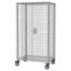 This antimicrobial wire security cart from METRO has a 900 lb capacity and overall dimensions of 53 in L x 28 in W x 68 in H. It features a self dimension of 48 in L x 24 in W, adjustable shelf type (no shelves included), side pedal brake casters, and two swivel casters with brake. Suitable for secure transport and storage of sensitive materials in industrial, healthcare, and institutional settings.