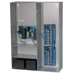 The ALTRONIX MAXIMAL7 is a power supply board housed in a steel enclosure, operating on 115V AC input and providing 24 VDC output at 9.4 A. It features 16 fuses for individual circuit protection. This unit is used for fused power distribution in industrial control systems, security panels, and access control equipment.