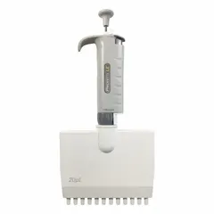 This 12-channel manual adjustable volume pipette has a maximum capacity of 300 µL. It is gray in color and not autoclavable. Suitable for liquid handling tasks such as filling microplates, serial dilutions, and sample transfers in laboratory settings.