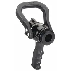Solid stream fire hose nozzle with rigid base and NPSH threads. Aluminum body with twist-activated ball shutoff for flow control. Suitable for firefighting and industrial water delivery.
