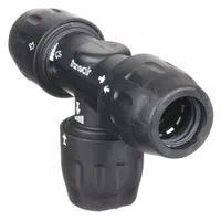 Polyamide tee fitting for compressed air systems. Features push-fit connections for 1 in OD and 25 mm OD tubing. Overall length 3 3/4 in. Used to branch air lines in pneumatic distribution networks