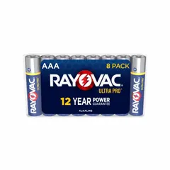 RAYOVAC UltraPro AAA alkaline battery delivering 1.5V DC. Suitable for powering everyday devices such as remote controls, flashlights, toys, and wireless peripherals. Supplied in an 8-pack.