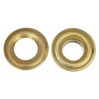 Round brass grommets with 0.38 in inside diameter, 0.83 in outside diameter, and 0.12 in overall thickness. Used to reinforce holes in fabric, leather, or sheet metal, providing a clean edge for lacing or fastening