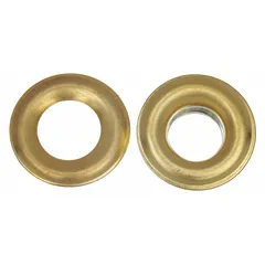 Round brass grommets with 0.38 in inside diameter, 0.83 in outside diameter, and 0.12 in overall thickness. Used to reinforce holes in fabric, leather, or sheet metal, providing a clean edge for lacing or fastening.