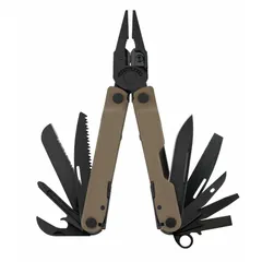Full-size fold-open multi-tool with 17 tools and 17 functions. Features regular pliers with replaceable wire cutters, small screwdriver, and stainless steel construction with Coyote finish. Closed length 4 inches. Suitable for cutting, gripping, screwing, and prying in maintenance, field service, and outdoor tasks.