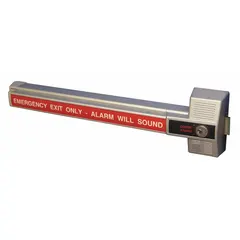 Rim-type exit device constructed of aluminum, designed for doors up to 34 inches wide. ADA compliant for accessible egress in commercial and industrial settings. Suitable for use on single doors requiring push-pad operation.