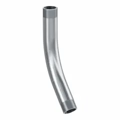 This 45° aluminum elbow is used to change the direction of rigid metal conduit (RMC) runs in electrical installations. It features NPT threads and a plain finish, with an overall length of 11 3/8 in. Complies with UL 6A and ANSI C80.5 standards.