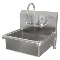 This one-station wall-mounted hand sink from SANI-LAV includes a faucet and features a 16-gauge stainless steel bowl with 17-inch length, 14-inch width, and 7-inch depth. Side splash is not included. Suitable for commercial hand-washing applications where a compact, wall-mounted unit is required