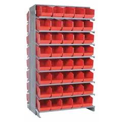 This metal stationary pick rack features a silver steel frame with 16 shelves and 144 red open-front bins, each measuring 4-5/8 in x 3-3/4 in x 11-5/8 in. Designed for two-sided access, it supports efficient picking and storage of small parts in warehouses, distribution centers, and manufacturing facilities.