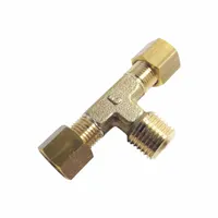This brass compression tee fitting connects three tubing branches, splitting or combining flow in fluid systems. It features two ports for 14 mm OD tubing and one 1/2 in pipe thread port. Suitable for pneumatic, hydraulic, and instrumentation lines requiring leak-resistant joints
