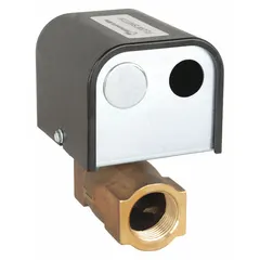 Brass inline flow switch for detecting liquid flow or no-flow conditions in piping systems. Features a 1 in NPT connection and SPDT switch rated at 22.2 A @ 240V (locked rotor). Suitable for use in HVAC, boiler, and industrial process lines to interlock pumps, alarms, or burners.