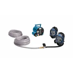 This supplied-air respirator system provides breathing air for two operators. It includes two full masks and a 50 ft hose. Suitable for industrial environments where airborne contaminants are present, such as painting, chemical handling, or grinding.
