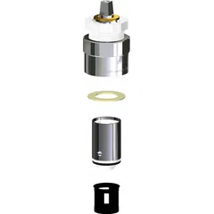 This metering faucet cartridge is constructed of brass and is suitable for use with hot and cold water. It is designed for commercial restrooms, kitchens, and laboratories where timed flow control is required. The cartridge includes one washer.