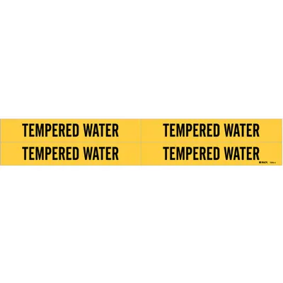 BRADY Pipe Marker: Tempered Water, Yellow, Black, Fits 3/4 to 2 3/8 in Pipe O.D. - Tempered Water Adhesive Pipe Markers