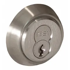 This BEST mortise cylinder features an interchangeable core and a chrome finish. It includes a spacer and is designed for use with interchangeable core systems in commercial door lock applications. The cylinder accepts 0 pins and is intended for standard mortise locksets.
