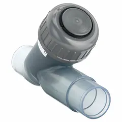 PVC Y-style check valve with piston mechanism for backflow prevention. Features spigot x spigot connections for 1 1/2 in pipe. Suitable for industrial water, chemical, and irrigation systems where corrosion resistance is required.