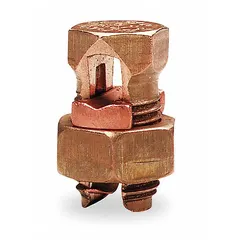 Bronze split-bolt connector for splicing or tapping copper wire. Accommodates wire sizes from 350 kcmil to 1/0 AWG. Suitable for indoor use in electrical power distribution, control panels, and grounding systems. Not rated for direct burial.