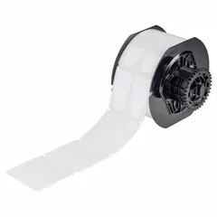 White gloss polyester V-shaped flag labels, 1 in x 2 in, supplied on rolls with 1,500 labels. Designed for use with Brady I5300 printer series and B30-R6000 ribbon. Suitable for industrial identification, cable marking, and asset tracking in control panels, data centers, and manufacturing environments.