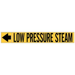 Yellow adhesive pipe marker with black legend reading 'Low Pressure Steam' and directional arrows. Designed for pipes with outer diameter of 1-1/2 to 2 inches. Supplied on a roll of 25 markers for convenient application in industrial piping systems.