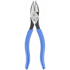 Multipurpose lineman's pliers with flat jaws, overall length 7 3/4 in, jaw length 1 1/4 in, jaw width 1 in, jaw thickness 1/2 in. Features dipped handles and a nail cutter. Suitable for cutting, gripping, and twisting wire in electrical and general maintenance tasks.
