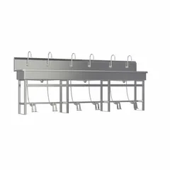 This six-station freestanding wash station is constructed from 16-gauge material with a 117-inch bowl length and 8-inch bowl depth. It features a 0.5 gpm flow rate and does not include a side splash. Suitable for high-traffic commercial or industrial facilities requiring multiple hand-washing stations.