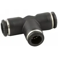 This push-fit tee fitting is made of fiberglass-reinforced nylon with nickel-plated brass inserts. It accommodates tube sizes 8 mm OD x 10 mm OD x 8 mm OD. Used to branch or combine tubing lines in pneumatic systems