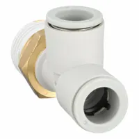 This SMC tee fitting is made of polybutylene and brass, featuring a white finish. It connects a 1/2 in pipe to two 12 mm OD tubes, with an overall length of 57 13/16 mm. Used in pneumatic or fluid systems for branching lines in industrial automation and material handling applications
