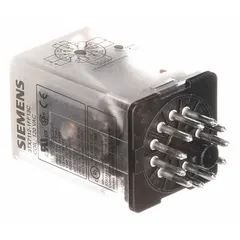 Socket-mounted relay from Siemens 3TX71 Series with octal base and 3PDT contact configuration. Rated 10 A at 24V AC, with 11 plug-in terminals. Suitable for general-purpose switching in industrial control panels, automation systems, and motor control circuits.