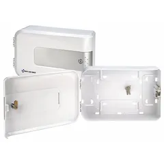 This empty first aid kit features a white plastic housing with a lockable door for secure storage. It is designed for wall mounting and includes mounting hardware. The cabinet measures 5 1/4 inches high, 9 3/4 inches wide, and 15 1/2 inches deep. Use it to organize and store first aid supplies in workplaces such as industrial facilities, workshops, and offices.