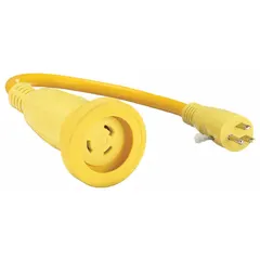 This cord adapter connects equipment with a NEMA L5-30R locking receptacle to a standard 5-15P straight-blade plug. It features 10 AWG wire and a yellow jacket, rated for temperatures from -40° to 167°F. Suitable for industrial and commercial power conversion applications.