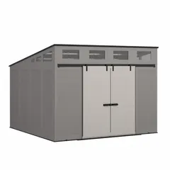 This plastic storage shed with a single-slope roof offers 1,152 cu ft of capacity, measuring 150 in W x 112 in D x 150 in H. The weather-resistant construction is suitable for outdoor storage of equipment, tools, and materials. Supplied unassembled in Black/Gray.