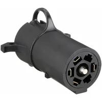 This adapter connects a 7-Way blade vehicle plug to a 5-Way flat trailer connector, enabling towing of trailers with different wiring configurations. It is commonly used in fleet and vehicle maintenance for utility trailers, boat trailers, and light-duty towing applications. The plastic housing provides a compact solution without cutting or splicing wires