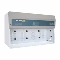 Fully assembled enclosure for handling bulk powders and weighing ingredients. Includes blower, base/stand, and work surface. Provides a controlled workspace to contain airborne particulates during laboratory processes.