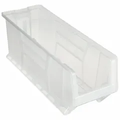 This mobile plastic bin is designed for organizing and transporting small parts, components, or inventory in warehouses, workshops, and manufacturing facilities. Its clear design allows quick visual identification of contents, and stacking capability enables vertical storage to maximize floor space.