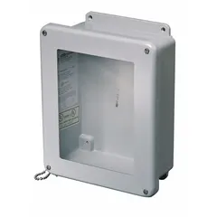 This WIEGMANN fiberglass enclosure measures 20 x 16 x 8 inches and is rated NEMA 1/12/3R/4X/6P for indoor, outdoor, washdown, and submersible use. It features a screw-on clear cover and no knockouts. Typical applications include protecting electrical controls, terminals, and instruments in corrosive environments.
